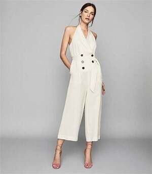 Reiss Giovanna White Sleeveless Halter Double Breasted Wide Leg Jumpsuit Size 2